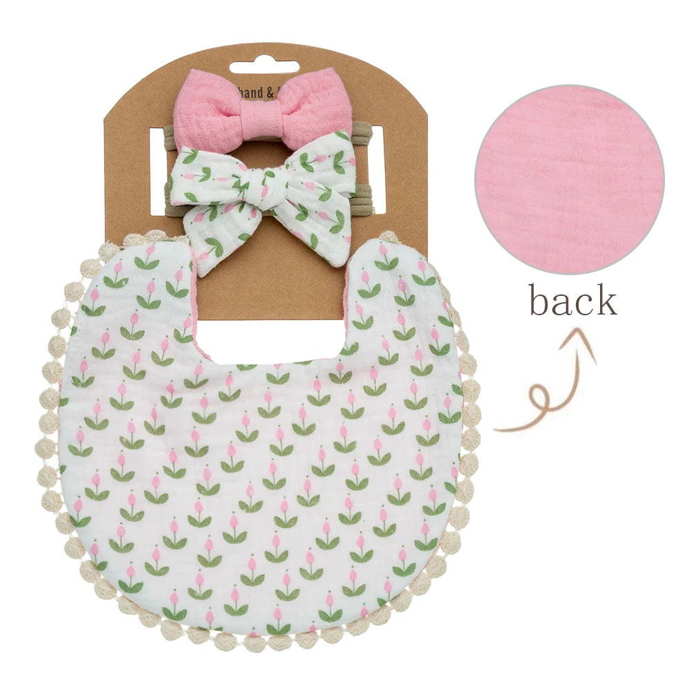 Ensemble 3 pièces Bavoirs Fleur pour Bébé et Bandeaux