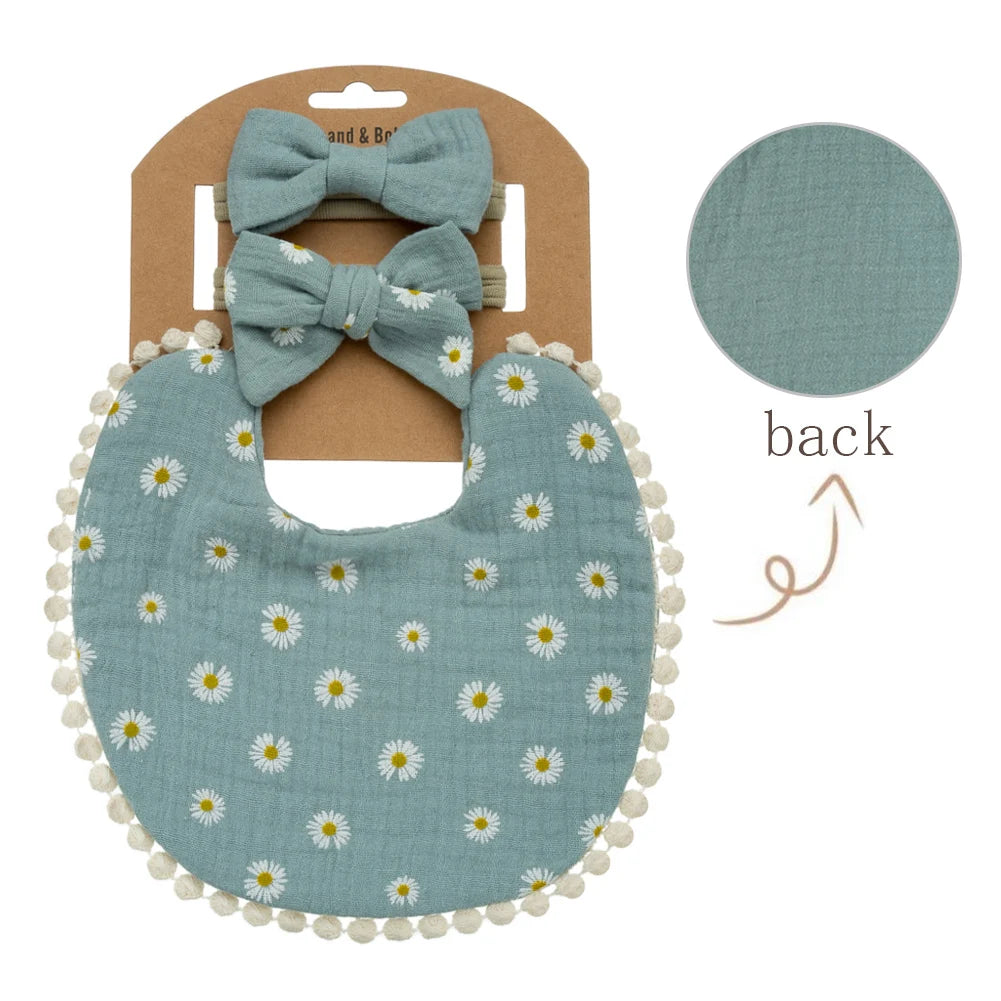 Ensemble 3 pièces Bavoirs Fleur pour Bébé et Bandeaux