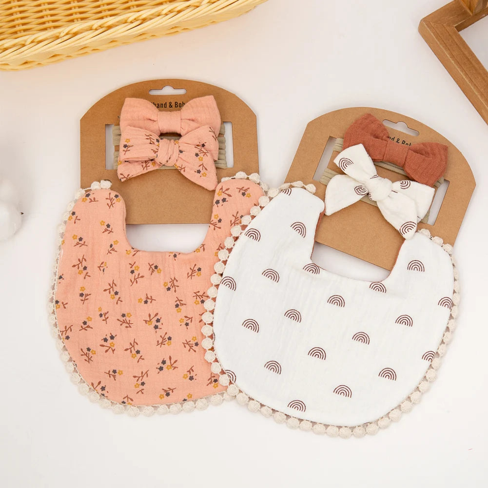 Ensemble 3 pièces Bavoirs Fleur pour Bébé et Bandeaux