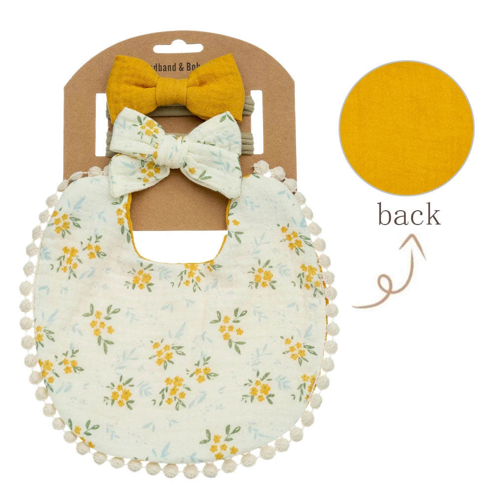 Ensemble 3 pièces Bavoirs Fleur pour Bébé et Bandeaux