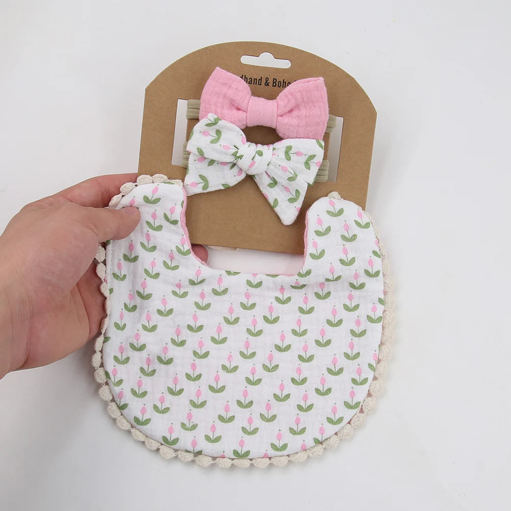 Ensemble 3 pièces Bavoirs Fleur pour Bébé et Bandeaux